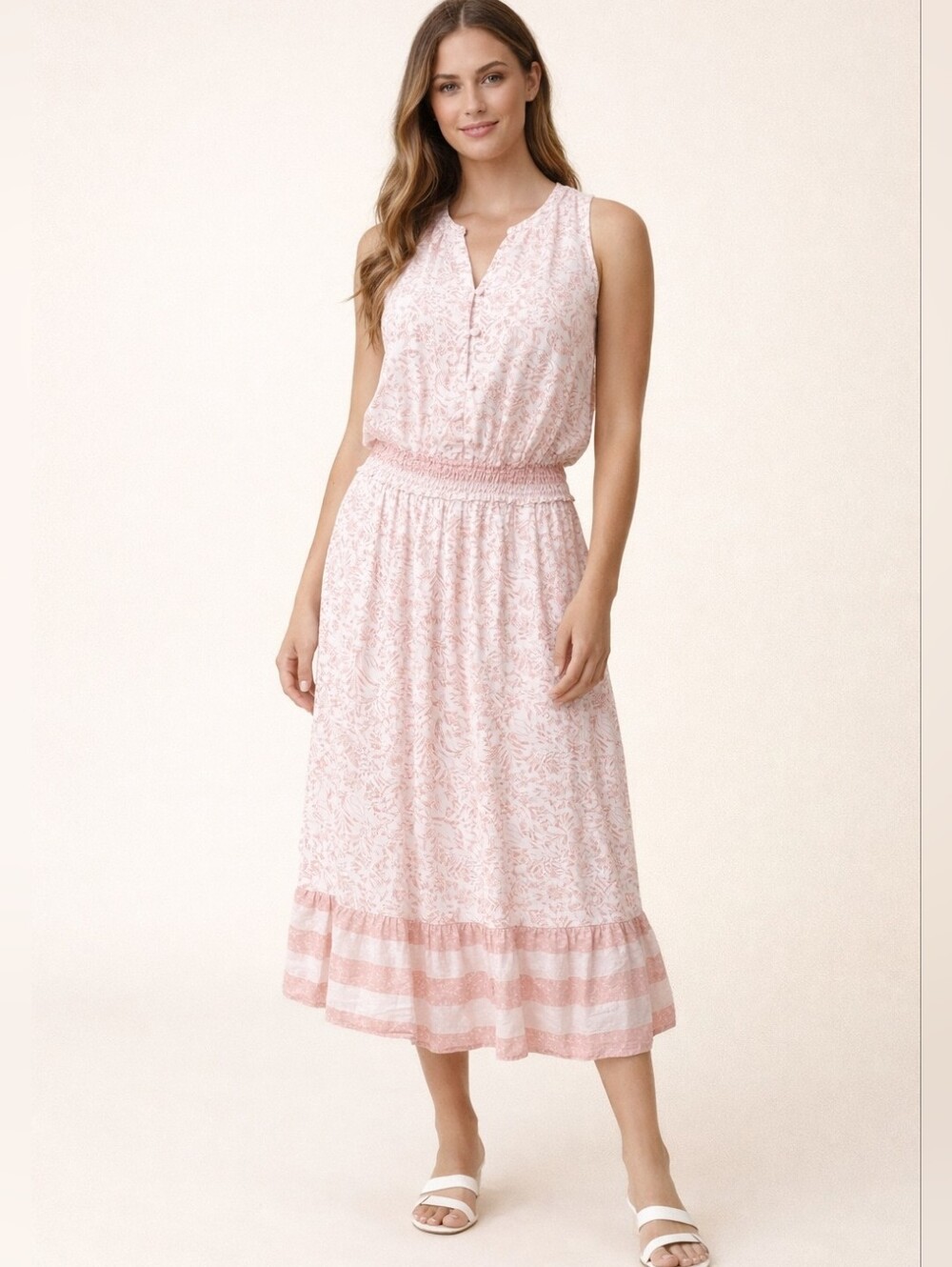 C&C California Soft Floral Midi Sundress – Pink & White Lightweight Summer Dress